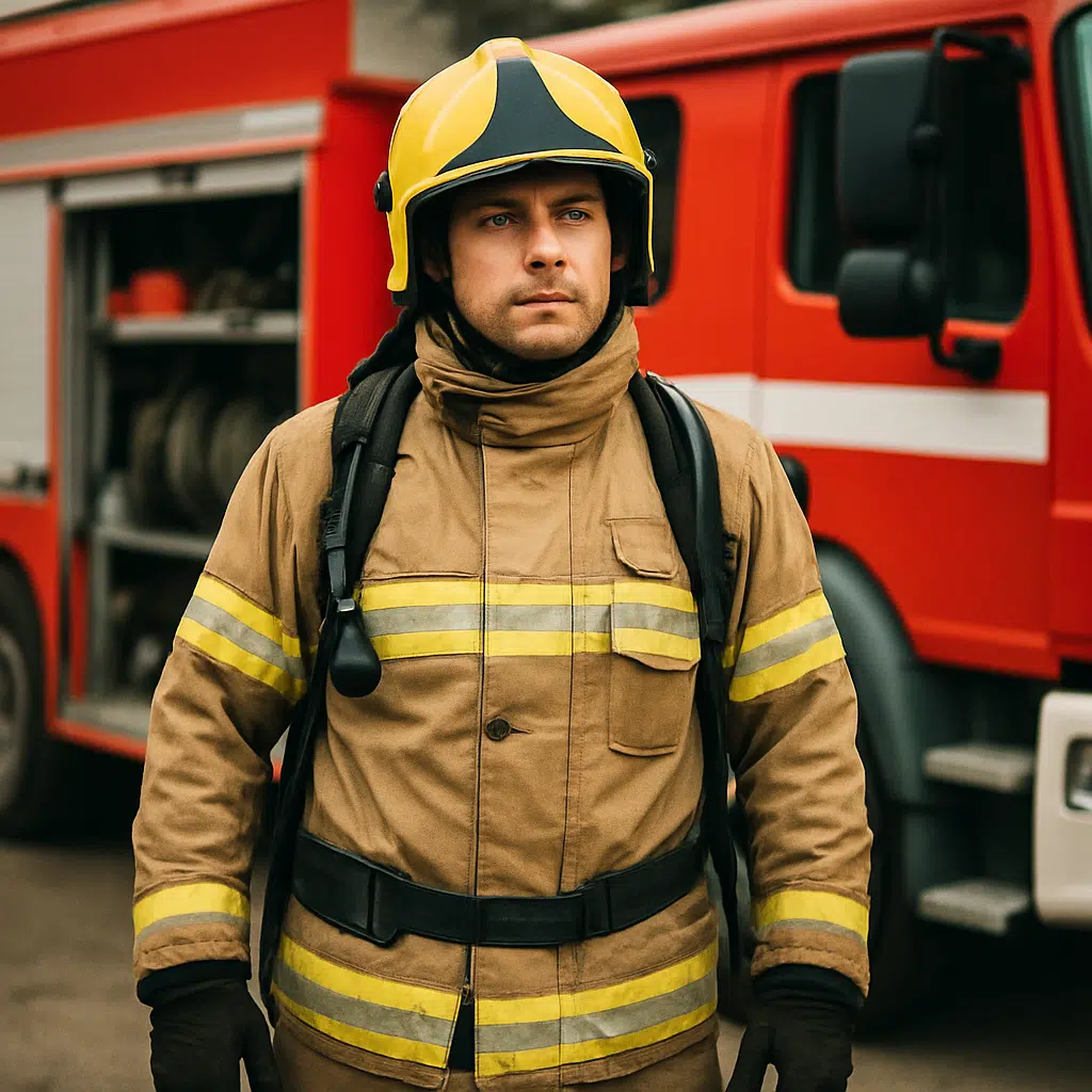 Brandmand iført uniform og hjelm, der studerer lønstatistik på en tablet.