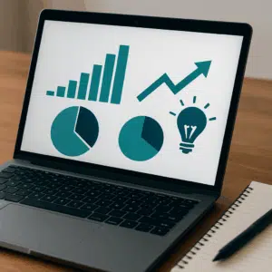Nærbillede af laptop-skærm med diagrammer over brandrådgiver løn, bonusmuligheder og karrieretips ved siden af notesblok og pen.