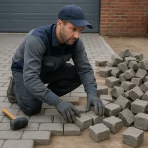 Brolægger i arbejdstøj ved lægning af brosten på indkørsel, symboliserer brolægger løn og forhandlingstips i 2024