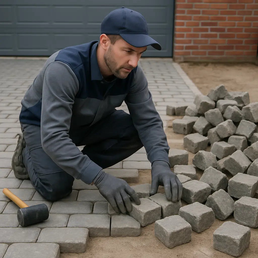 Brolægger i arbejdstøj ved lægning af brosten på indkørsel, symboliserer brolægger løn og forhandlingstips i 2024