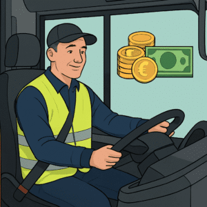 Buschauffør i refleksvest bag rattet i bus med illustration af mønter og sedler som løntegn