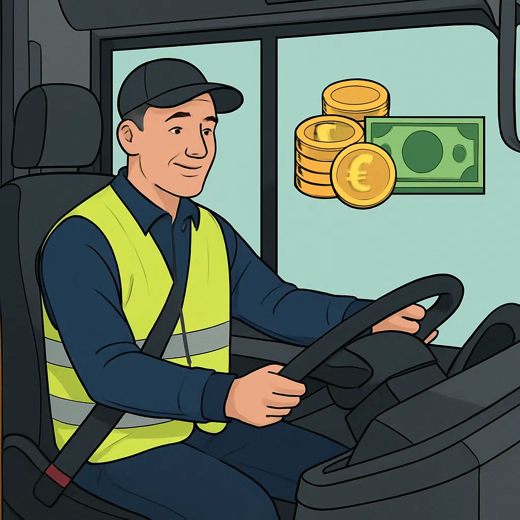 Buschauffør i refleksvest bag rattet i bus med illustration af mønter og sedler som løntegn
