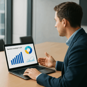 Person i mødelokale gennemgår business analyst løn 2024 ved hjælp af løndiagrammer og statistikker på laptop.