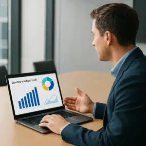 Person i mødelokale gennemgår business analyst løn 2024 ved hjælp af løndiagrammer og statistikker på laptop.