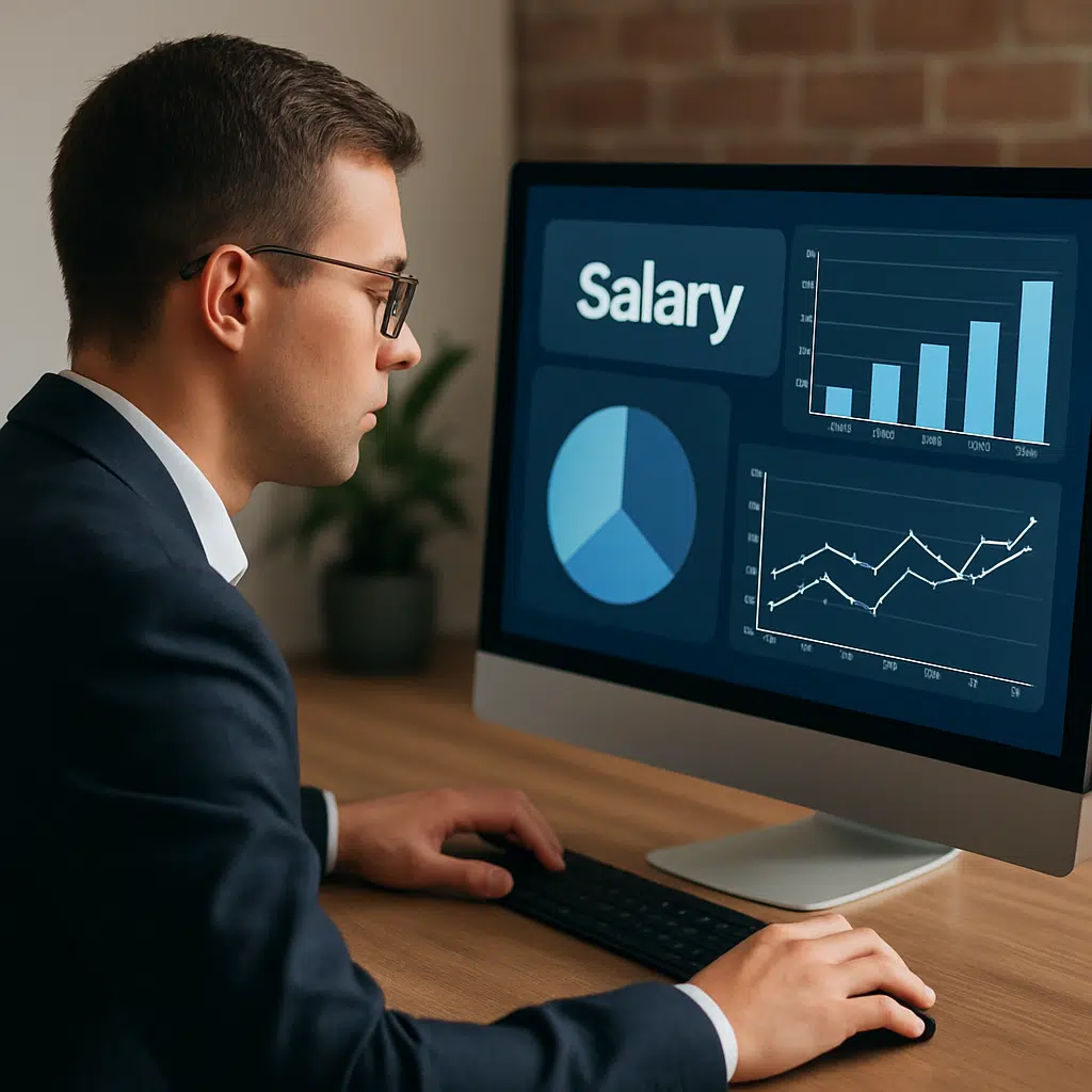 Person i mødelokale gennemgår business analyst løn 2024 ved hjælp af løndiagrammer og statistikker på laptop.