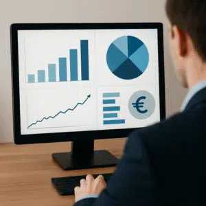 Business controller løn i 2024 illustreret med grafer og diagrammer på en computerskærm