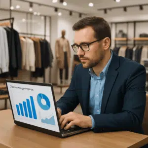 Butikschef gennemgår 2024-lønstatistik og bonusdiagrammer på bærbar computer i moderne butiksmiljø.