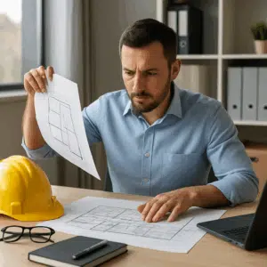 Byggekoordinator gennemgår byggetegninger ved skrivebord, symboliserer byggekoordinator løn i 2024 og forhandlingstips.
