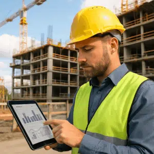 Byggeleder tjekker opdaterede løndata på tablet foran byggepladsen for at forberede lønforhandling 2024