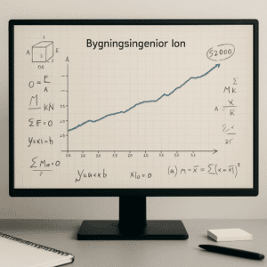 Graf på computerskærm, der viser bygningsingeniør løn i Danmark med notater og beregninger.