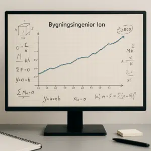 Graf på computerskærm, der viser bygningsingeniør løn i Danmark med notater og beregninger.