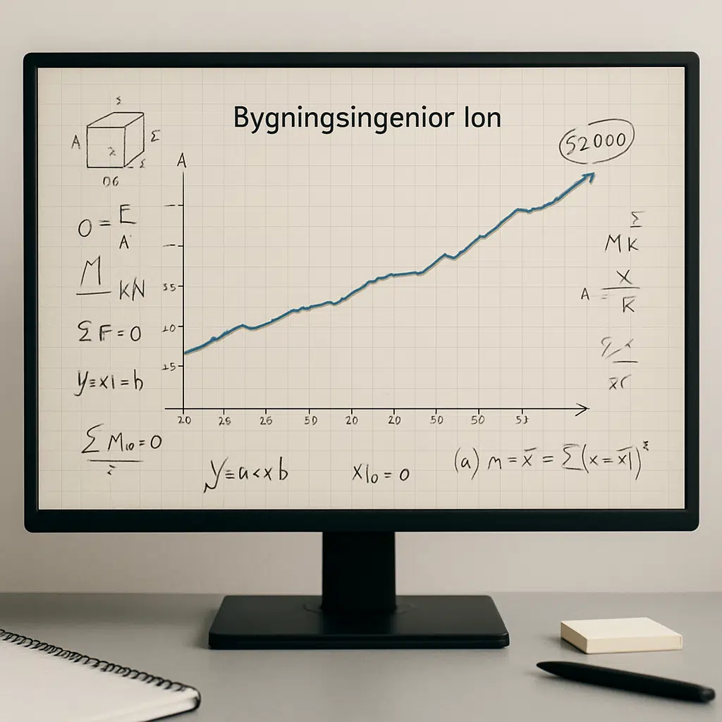 Graf på computerskærm, der viser bygningsingeniør løn i Danmark med notater og beregninger.