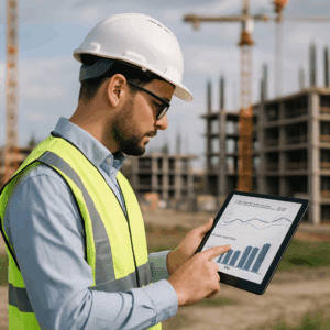 Civilingeniør i refleksvest og hjelm på byggeplads, der gennemgår løn- og bonusstatistik på tablet for 2024.