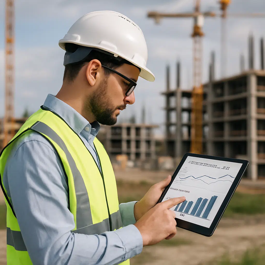 Civilingeniør i refleksvest og hjelm på byggeplads, der gennemgår løn- og bonusstatistik på tablet for 2024.