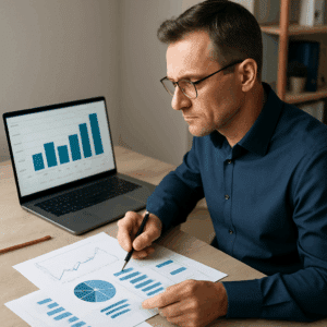 Controller sidder ved skrivebord med laptop og diagrammer, analyserer lønstatistik for 2024.