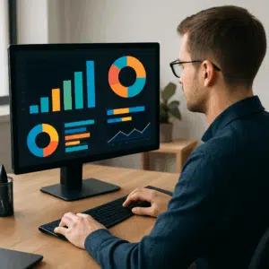 Dataanalytiker analyserer lønstatistikker for 2024 på skærm med farverige grafer og diagrammer ved sit skrivebord