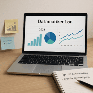 Laptop med grafer og noter, der viser datamatiker lønstatistik 2024, tips til lønforhandling og branche-sammenligning