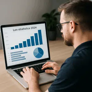 Datatekniker der gennemgår lønstatistikker på bærbar computer med branchediagrammer i 2024