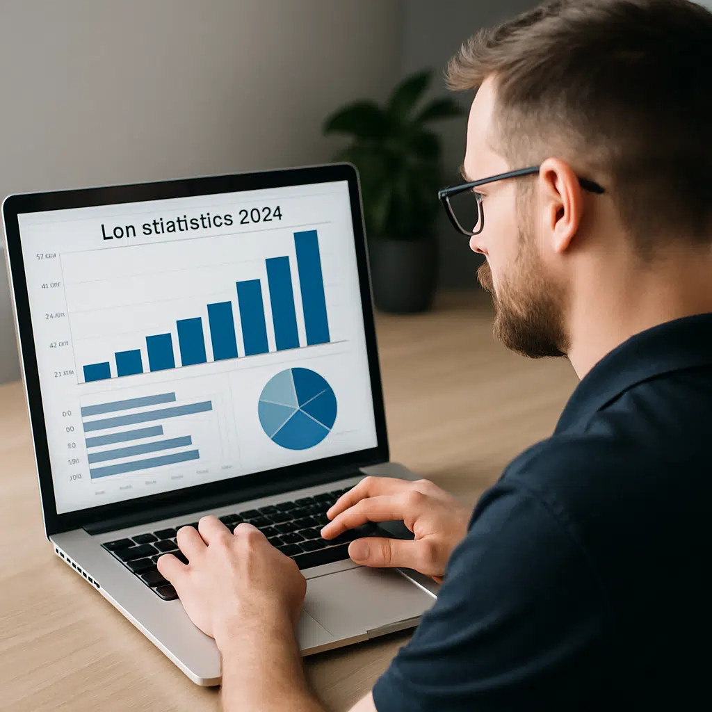Datatekniker der gennemgår lønstatistikker på bærbar computer med branchediagrammer i 2024