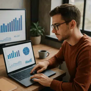 Designteknolog analyserer lønstatistikker på laptop for at forberede sin lønforhandling i 2023