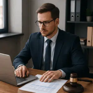 Dommerfuldmægtig i jakkesæt arbejder ved skrivebord med laptop, papirer og dommerhammer, symboliserer lønoverblik 2024