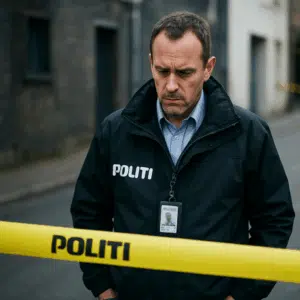 Billede af drabsefterforsker i politijakke ved afspærret gerningssted med fokus på drabsefterforsker løn