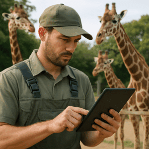 En dyrepasser i arbejdstøj kontrollerer lønoplysninger på en tablet med giraffer i baggrunden.