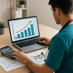 Dyrlæge foran computer med kalkulator og løndiagram, der illustrerer gennemsnitlig dyrlæge løn 2024 og lønforhandling.