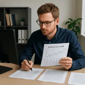 En efterskolelærer gennemgår lønoversigt for 2024 ved skrivebord med åbne dokumenter og pen klar til forhandling.