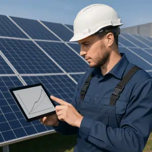 Energiteknolog iført hjelm og arbejdstøj studerer lønkurve på tablet foran solcellepaneler i moderne energianlæg.