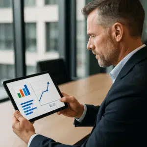 En entrepriseleder gennemgår løndata på en tablet med grafer over lønudvikling for 2024