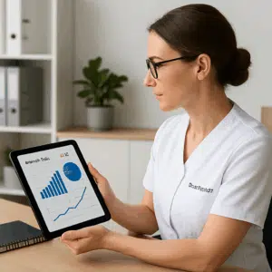 En ergoterapeut sidder ved skrivebord med tablet, der viser lønskala og diagrammer for 2024-løn