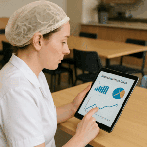 Ernæringsassistent med tablet, der gennemgår lønstatistikker 2024 ved kantinebord
