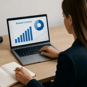 Eventkoordinator gennemgår lønstatistik for 2023 på laptop ved skrivebord med notesbog og pen.