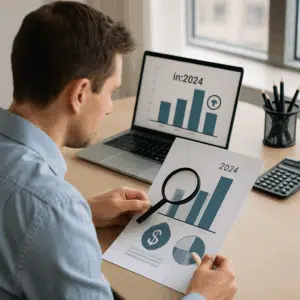 Facility manager løn under lup: person ved skrivebord med diagram over gennemsnitlig startløn og bonusmuligheder i 2024
