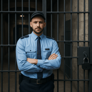 Fængselsbetjent i uniform står ved fængselsporte, symboliserer løn, fordele og karrieremuligheder.