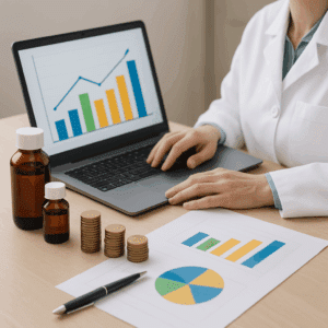 Farmaceut lønvisualisering med computer, diagrammer, medicinflasker og mønter på arbejdsbord.