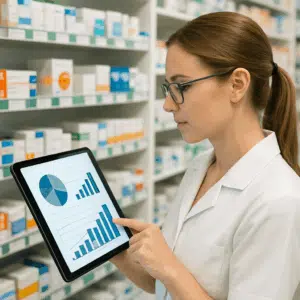 En farmakonom tjekker lønstatistikker og løntrin for 2024 på en tablet i et apotek