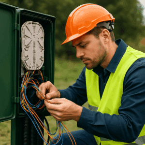 Fibertekniker installerer fiberkabler i udendørs kabelboks – illustrerer fibertekniker løn, bonus og karrieretips 2024