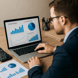 En finanscontroller analyserer financial controller løn-grafer og lønstatistikker på laptop inden lønforhandling.