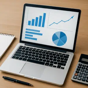 Laptop med grafer og diagrammer over finansøkonom løn i 2024, omgivet af notesblok, kalkulator og kuglepen på skrivebord.