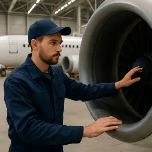 Flymekaniker i arbejdstøj inspicerer flymotor i hangar, illustrerer flymekaniker løn og karrieremuligheder 2024