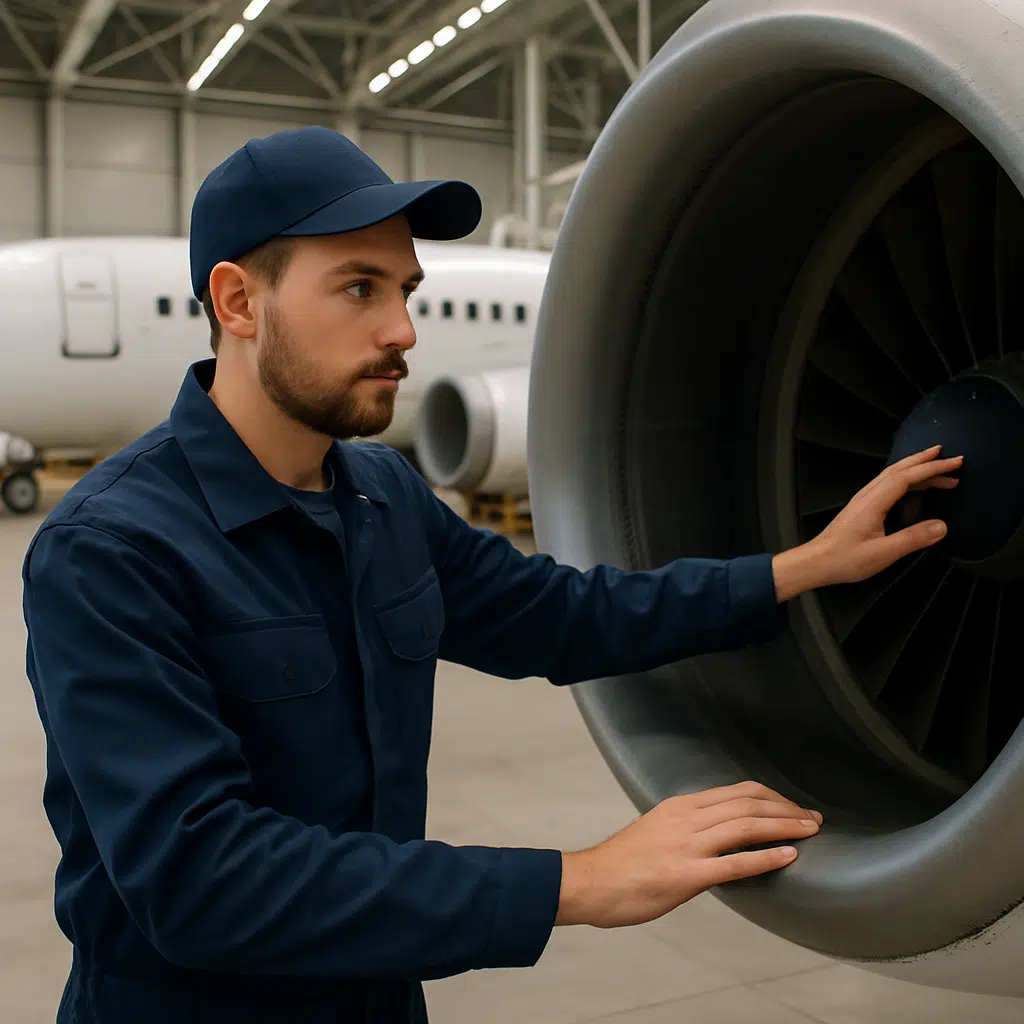 Flymekaniker i arbejdstøj inspicerer flymotor i hangar, illustrerer flymekaniker løn og karrieremuligheder 2024