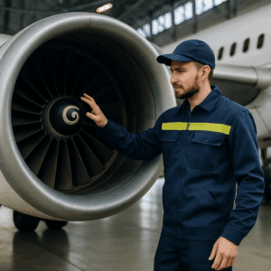 Flytekniker løn – tekniker i arbejdstøj inspicerer flymotor i hangar