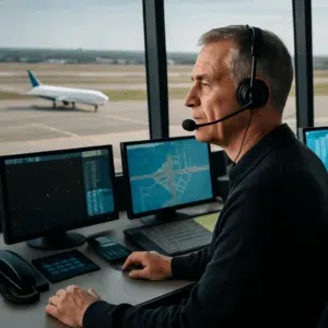 Erfaren flyveleder overvåger flytrafik fra kontroltårn, symboliserer flyveleder løn, ansvar og karriereudvikling.