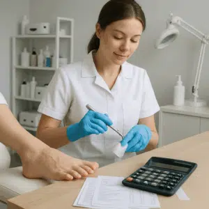 Fodterapeut forbereder fodbehandling i klinik, mens kalkulator og lønsedler ligger klar til forhandling af fodterapeut løn