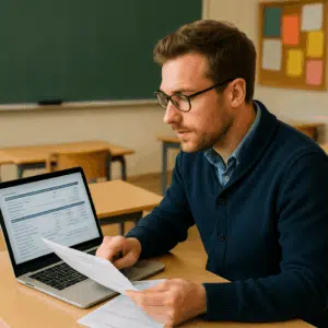 Folkeskolelærer gennemgår lønseddel på computer i klasseværelse
