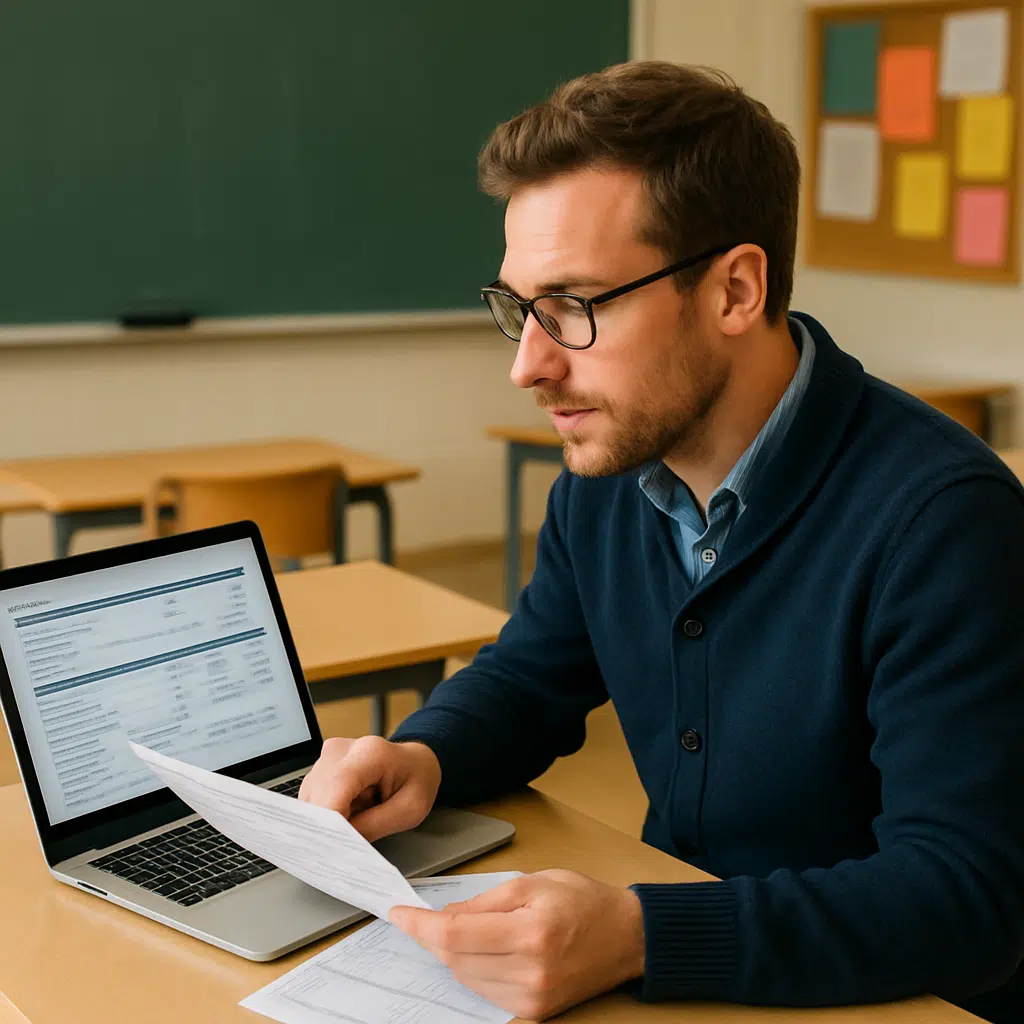 Folkeskolelærer gennemgår lønseddel på computer i klasseværelse