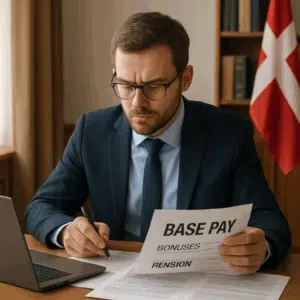Folketingsmedlem gennemgår løndokumenter ved skrivebord med bærbar computer og pen, symboliserer grundløn, tillæg og pension.