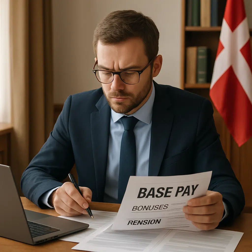 Folketingsmedlem gennemgår løndokumenter ved skrivebord med bærbar computer og pen, symboliserer grundløn, tillæg og pension.